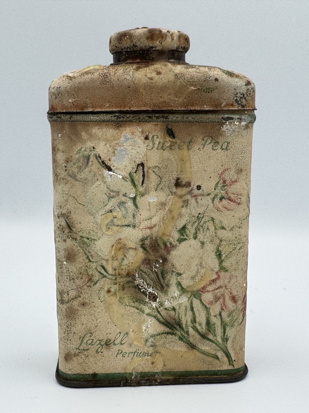 Antique Lazell Sweet Pea Talc Tin c1910 Advertising Floral Patina Cottagecore