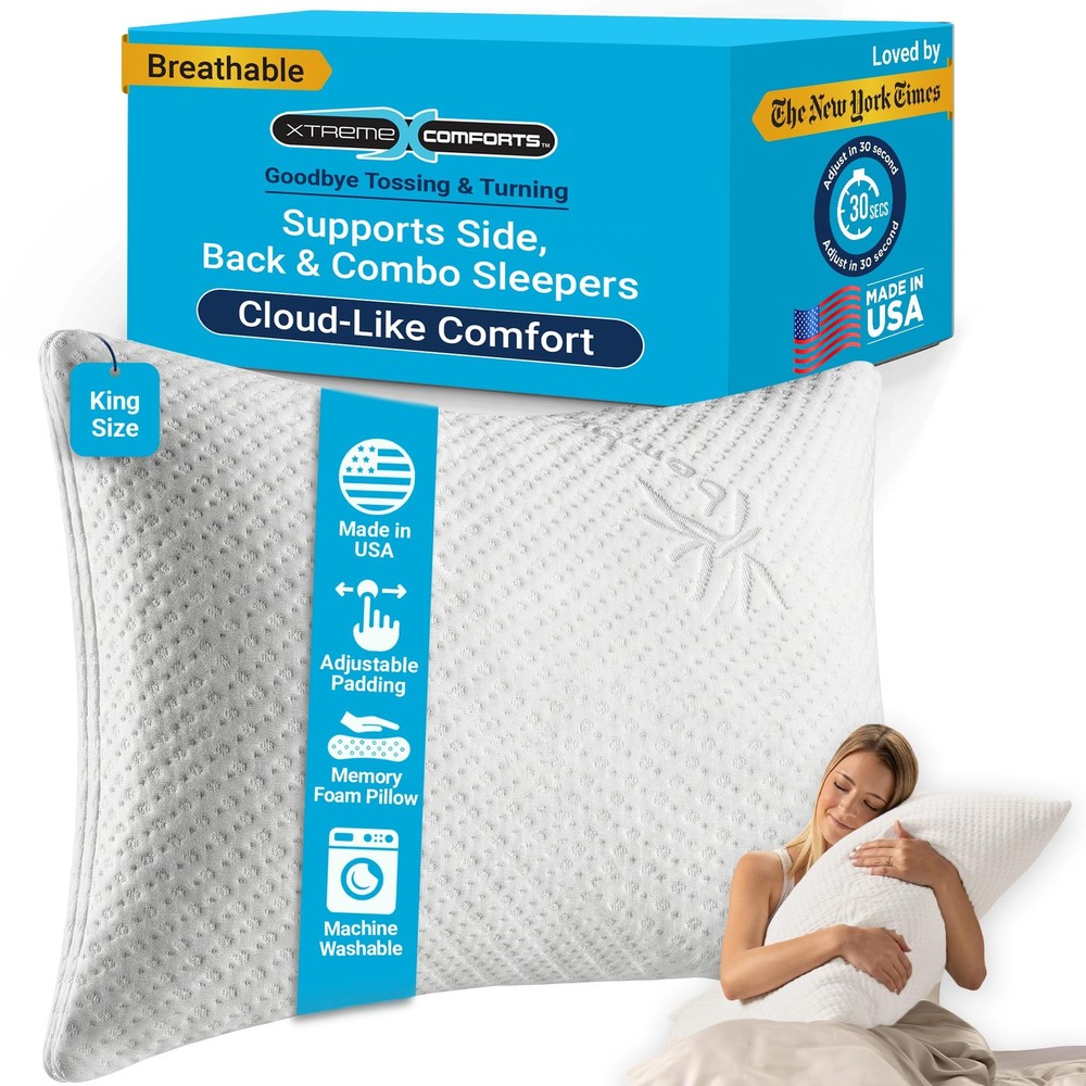 Pillows for Sleeping - Adjustable King Memory Foam Pillow for Side, Back & St...