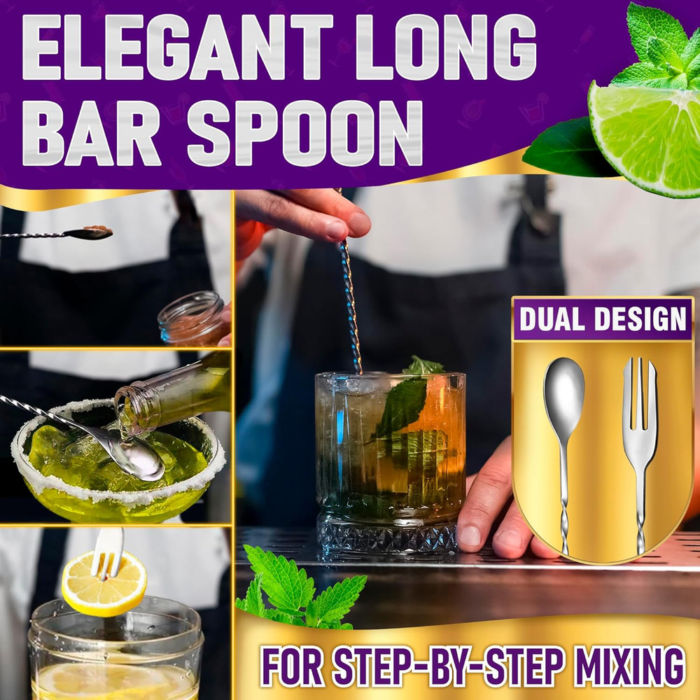 3 Pcs Muddler Set - Bar Muddler, Cocktail Spoon & Jigger for Mixing Drinks