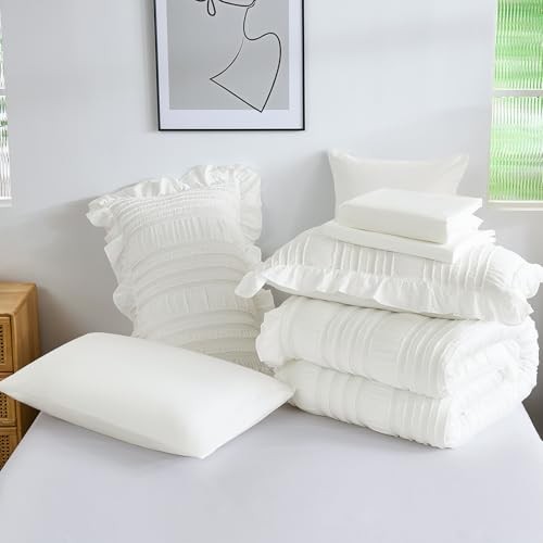 Comforter Set,7 Pieces Ruffle Comforter Set with Sheets,Textured King White