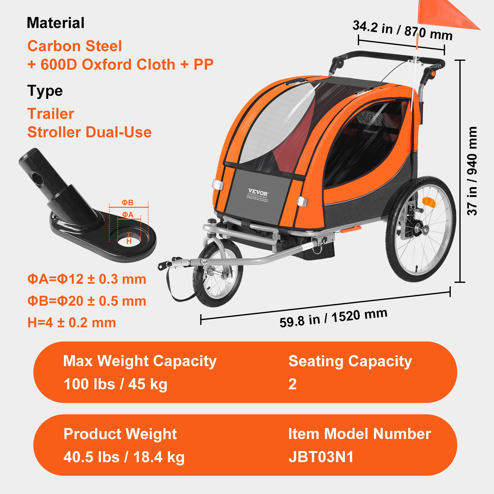 VEVOR Child Bike Trailer Foldable 2 Seater Stroller Double Kids Carrier 100 lbs