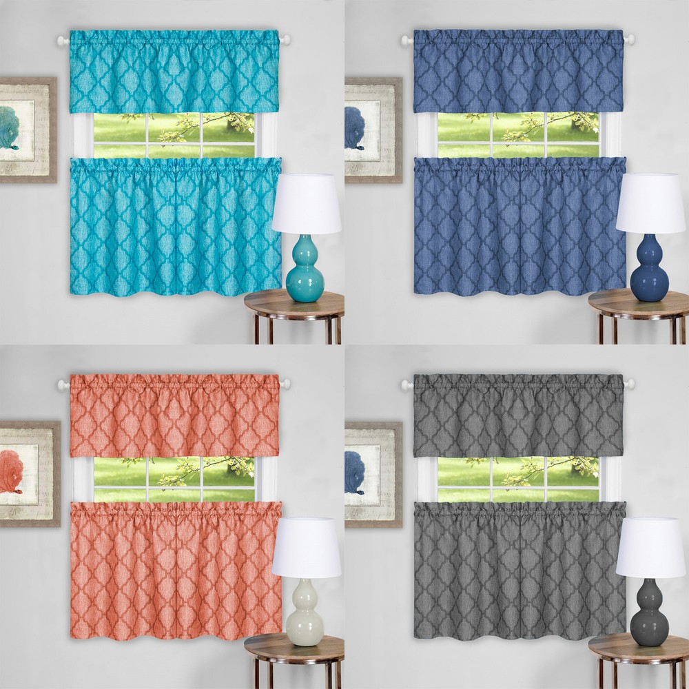 3PC Kitchen Curtain Set, Solid Trellis, Tier Panels + Valance, Assorted Colors