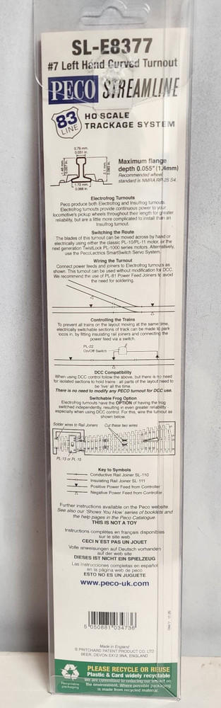 Left Hand #7 turnout curved switch Code 83 Nickel Silver PECO Streamlin SL-E8377