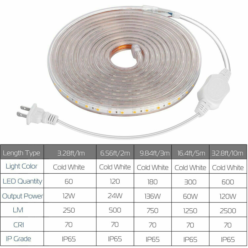110V 5050 LED Strip Light Flexible Tape Lighting Rope Home Outdoor With US Plug