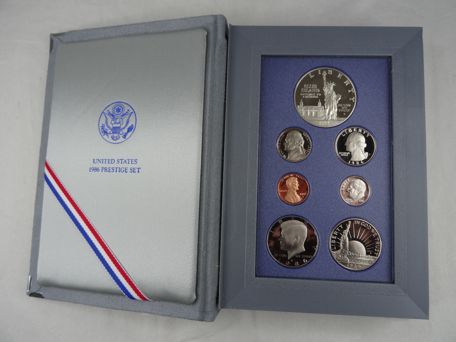1986-S US Mint Prestige Proof Set Olympiad Silver Dollar Box & COA 7 Coins