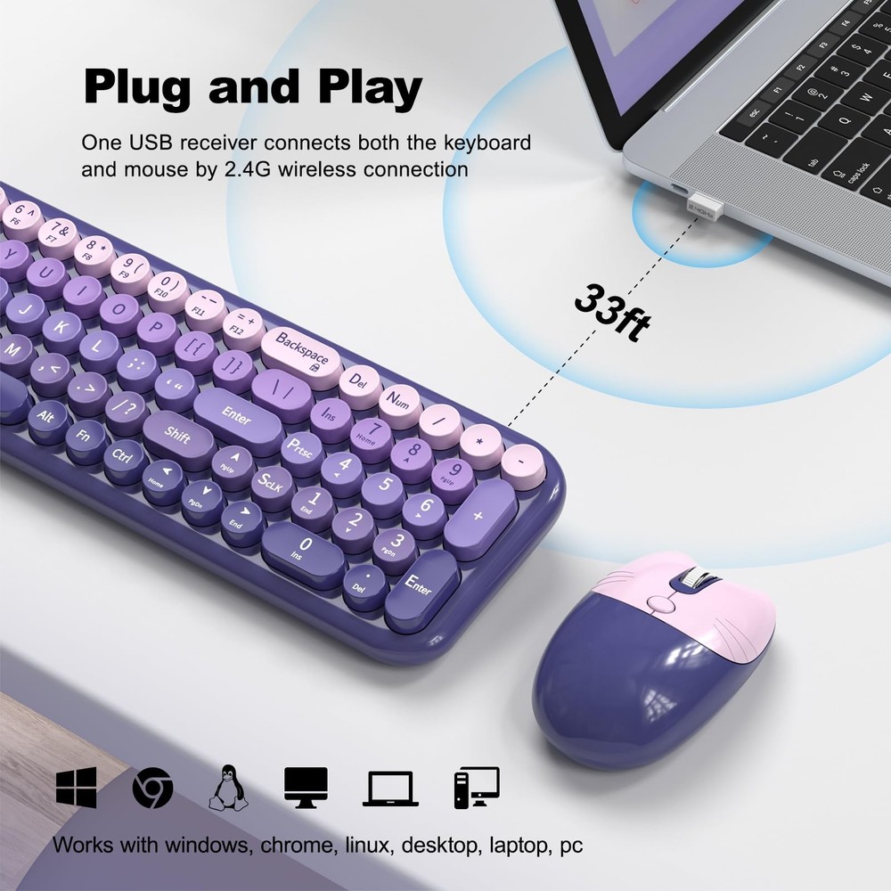Wireless Keyboard and Mouse Combo, Portable Retro Keyboard with Compact Size,...