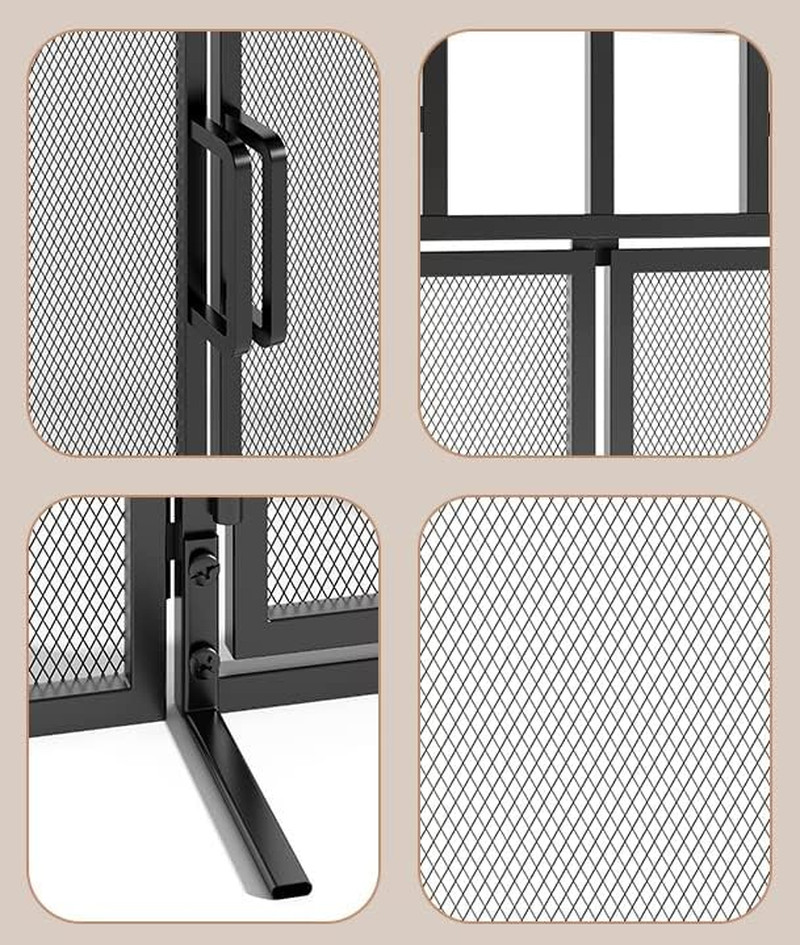 3-Panel Folding Fireplace Screen with Magnetic Hinged Doors, Solid Wrought Iron