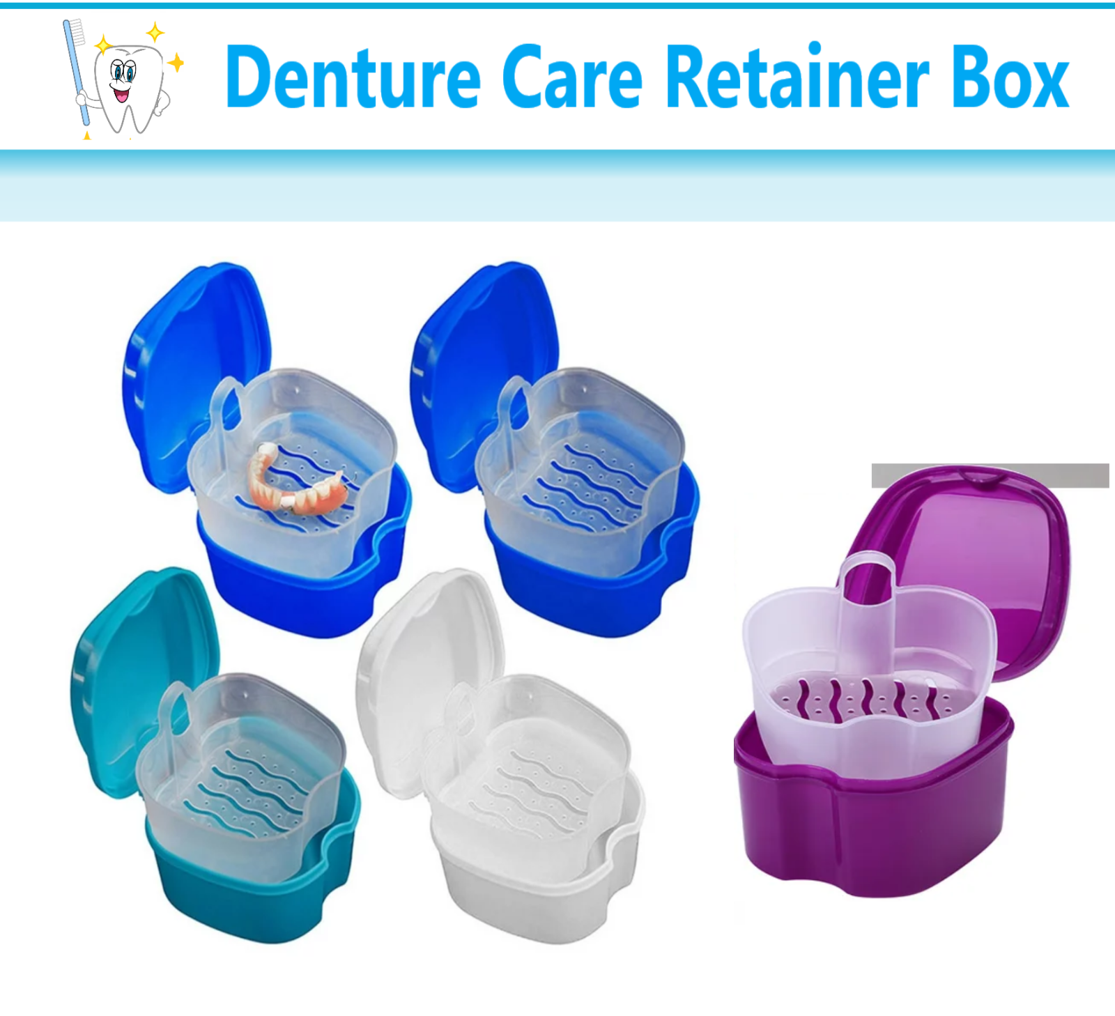 Denture Case, Denture Cup with Strainer Safety Basket, Denture Cleaning Brush.