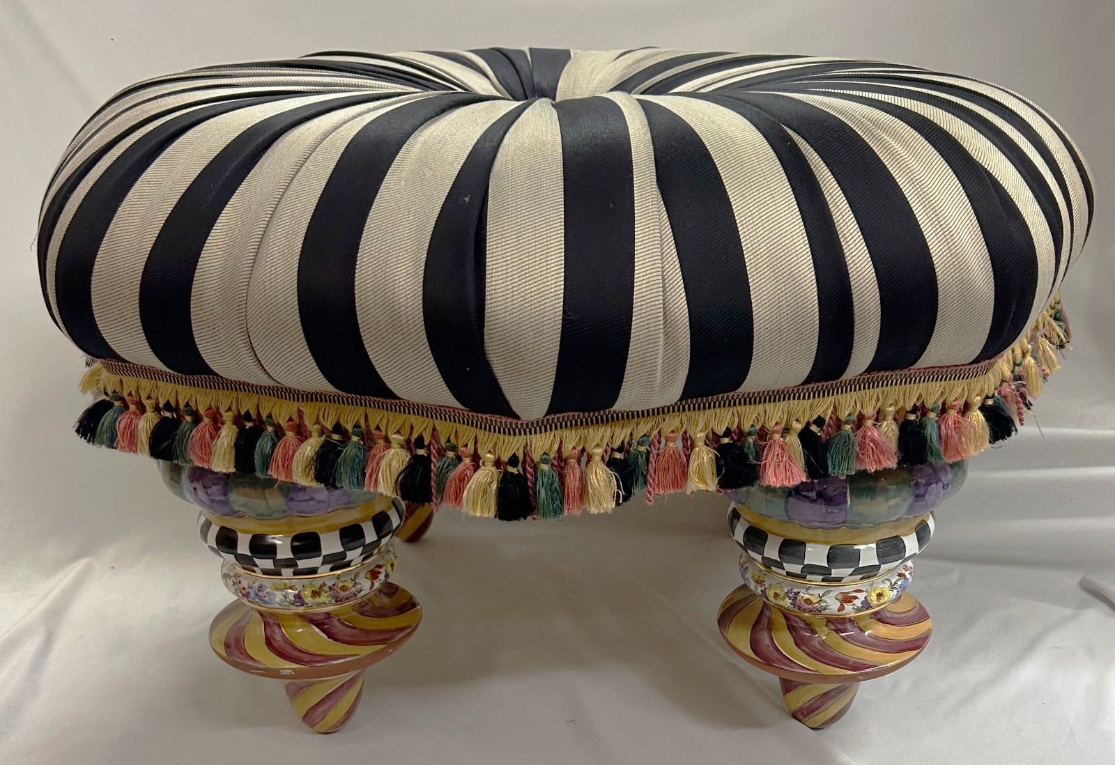 Mackenzie-Childs On Wall Street Ottoman Black & Beige w/Hand Painted Legs - NICE