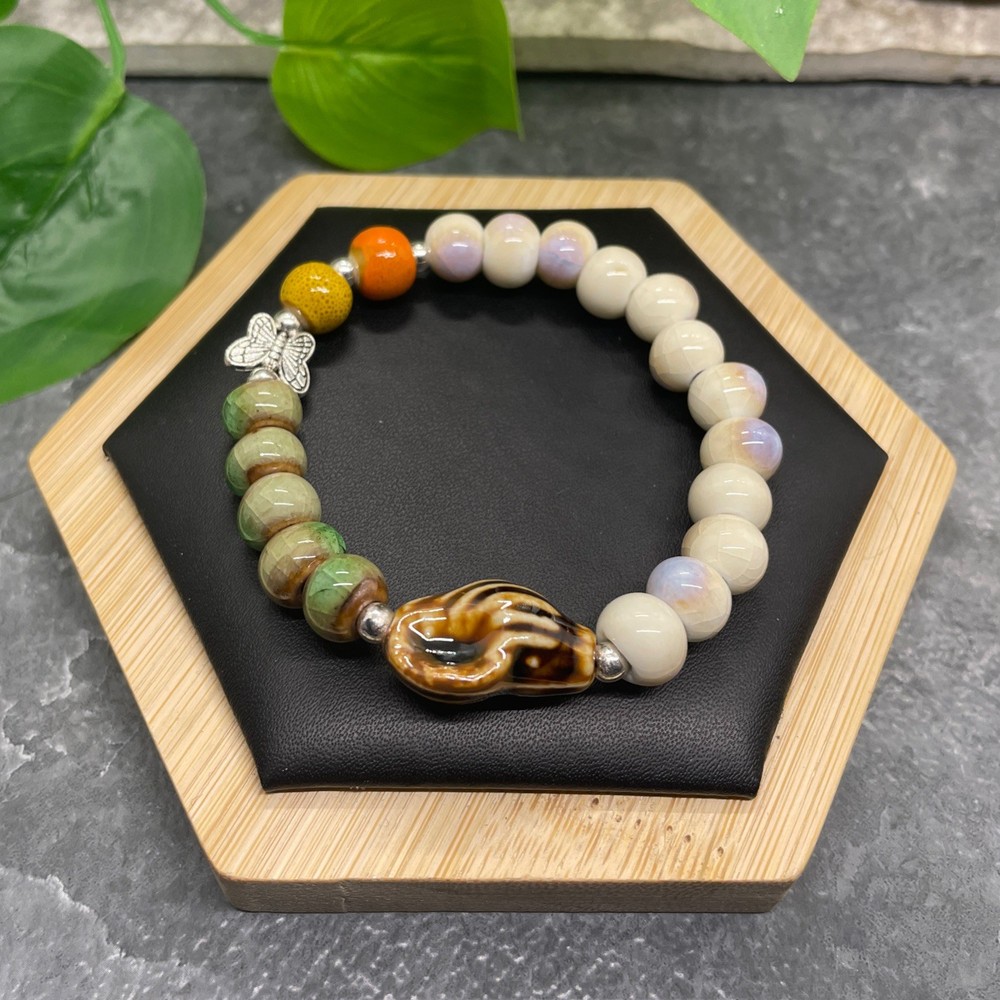 Handmade Ceramic Bead Beaded Stackable 6.5” Plus Stretch Bracelet New B481