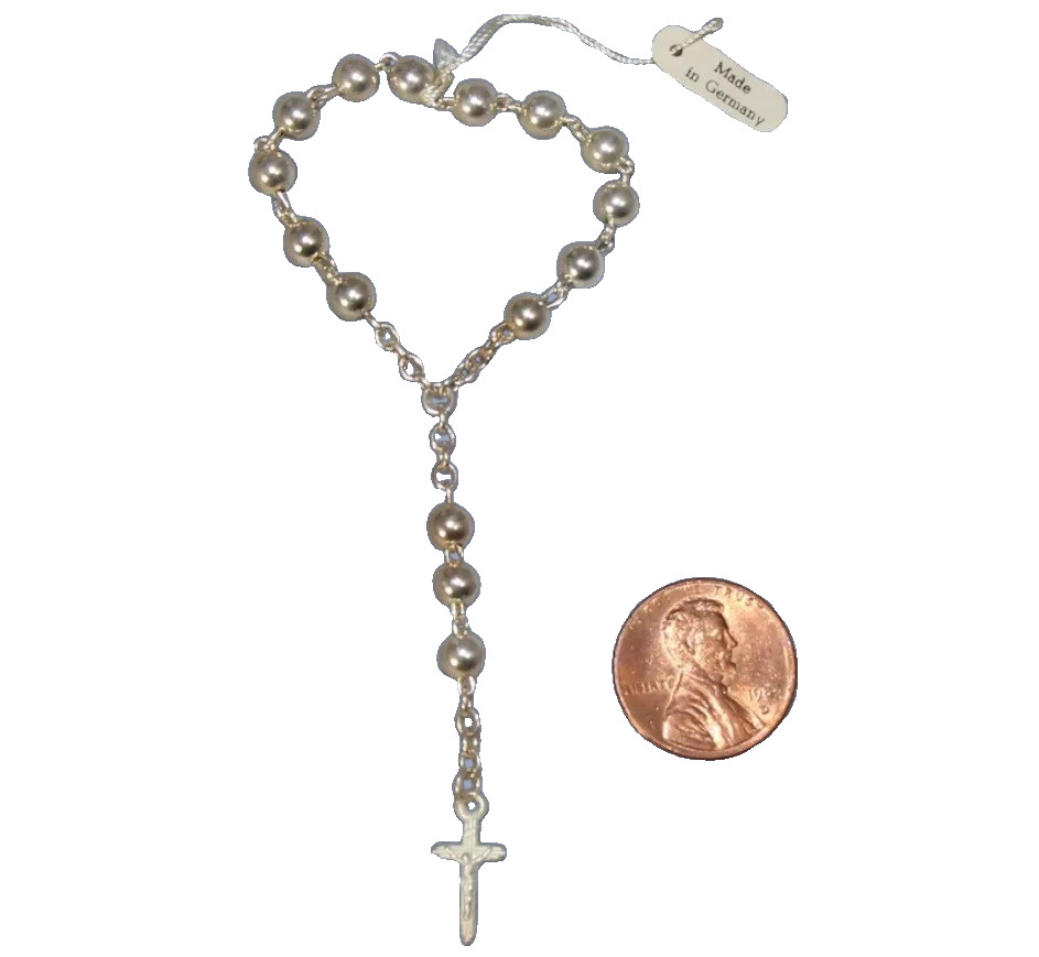 Antique German Mini Catholic Rosary Silver Plate Metal Beads & Original Tag!