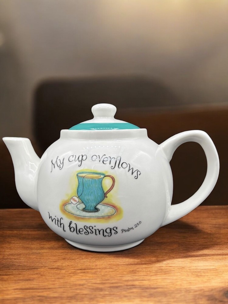 "My Cup Overflows with Blessings" Ceramic Teapot 6"