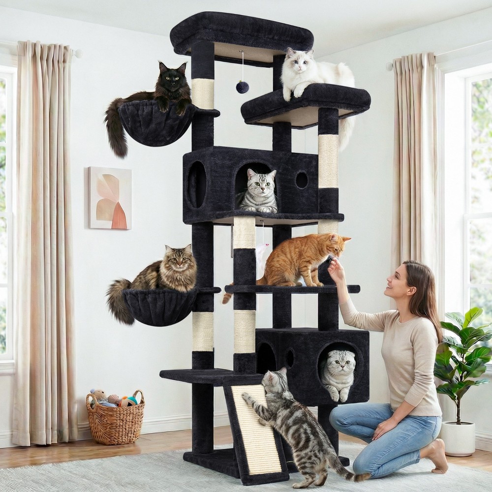 77" Cat Tree for Large Cats, Multi-Level Tower with Scratching Board & Stable Ba
