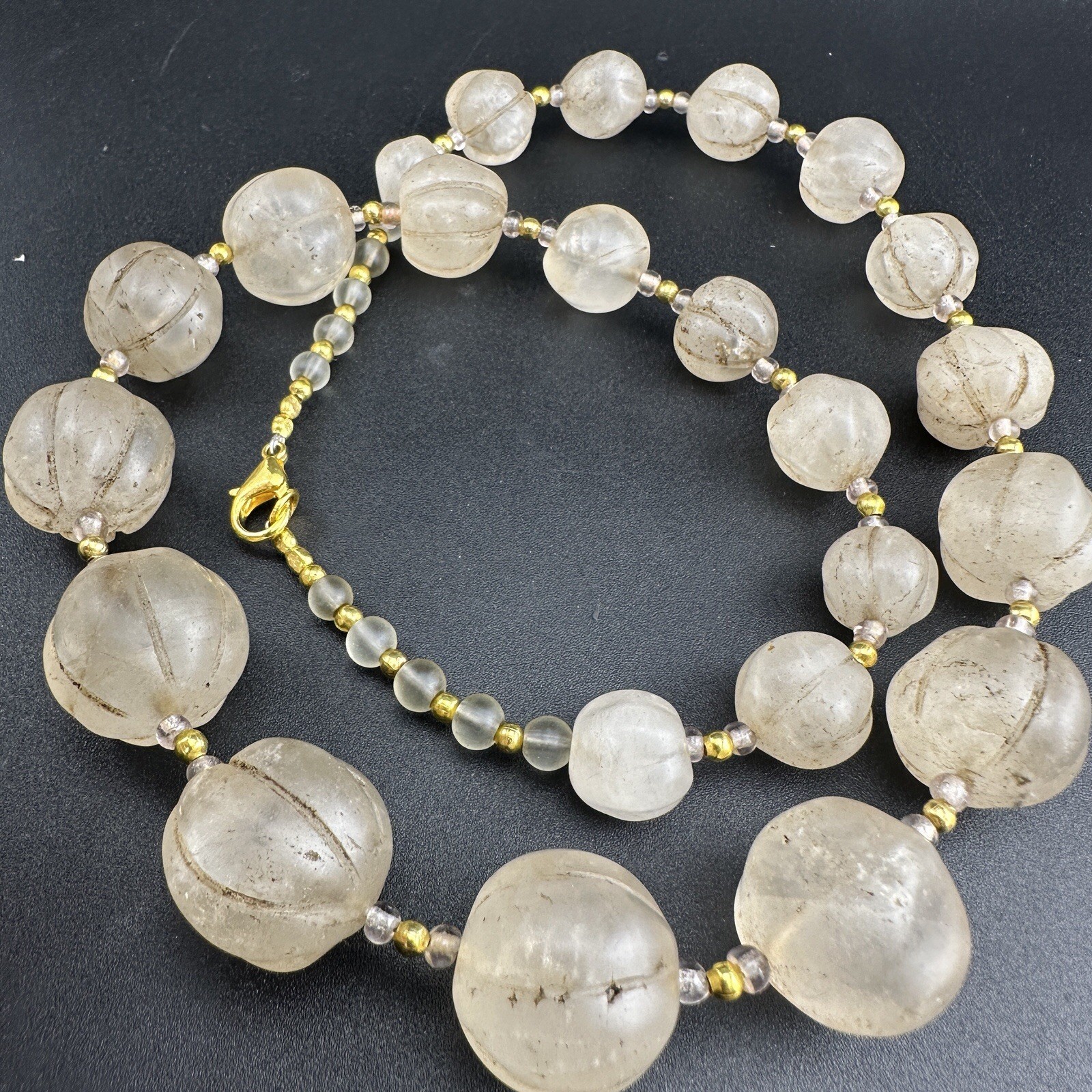 Old Himalayan Regions Crystals ￼ Beads Carving Gold Plated Beads Necklace Rare