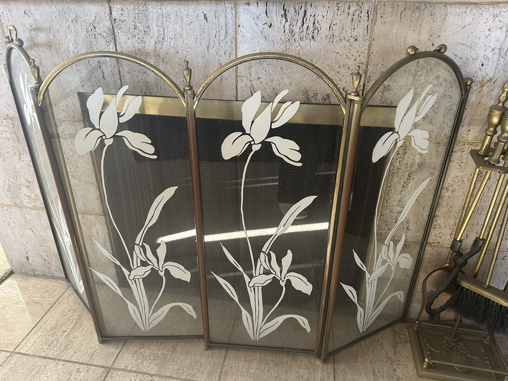 Vintage Glass Fireplace Screen And Tools