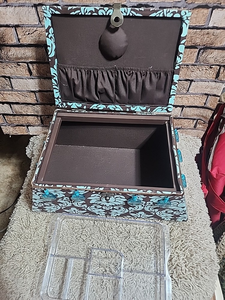 ST JANE LARGE CLOTH PADDED SEWING BOX W/BEADED HANDLE BROWN/TEAL RECTANGLE