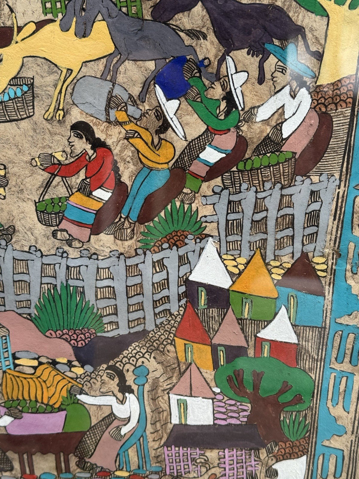 3 large Framed Mexican Folk Art On Bark Paper Hand Painted JMZ