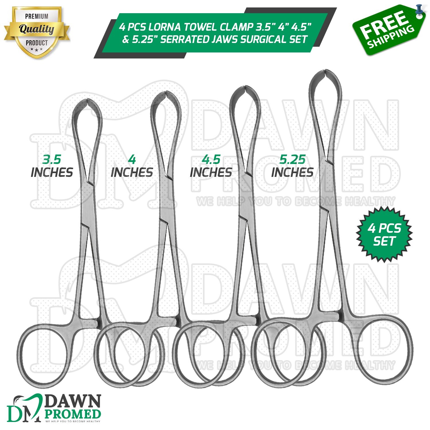 4 Pcs Lorna Towel Clamps Non-Perforating 3.5" 4" 4.5" 5.25" Surgical Forceps Set