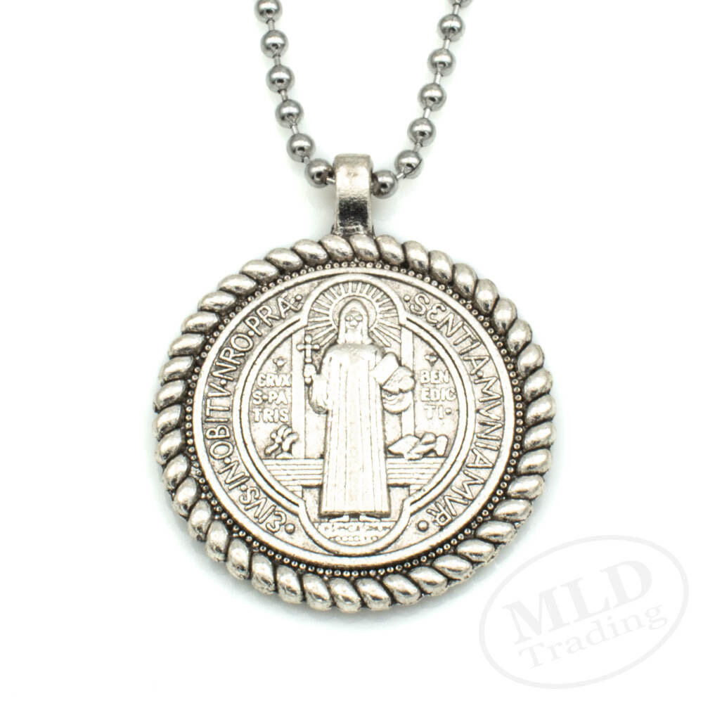 Knot Border Saint St Benedict Medal Pendant Necklace 24" Ball Chain Silver Tone