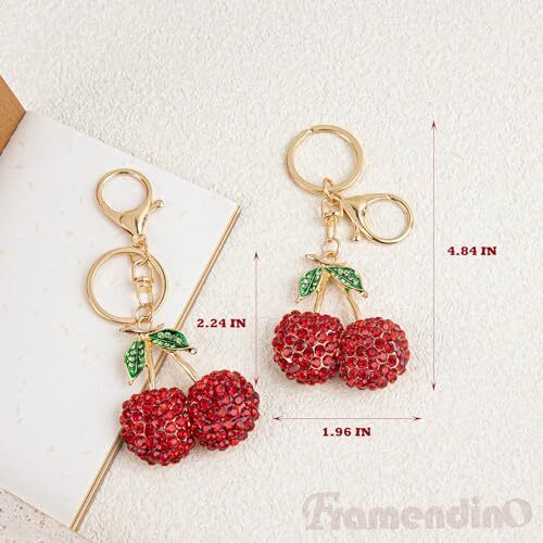 Framendino, 2 Pack Cherry Keychains Rhinestone Cherry Key Chain Crystal
