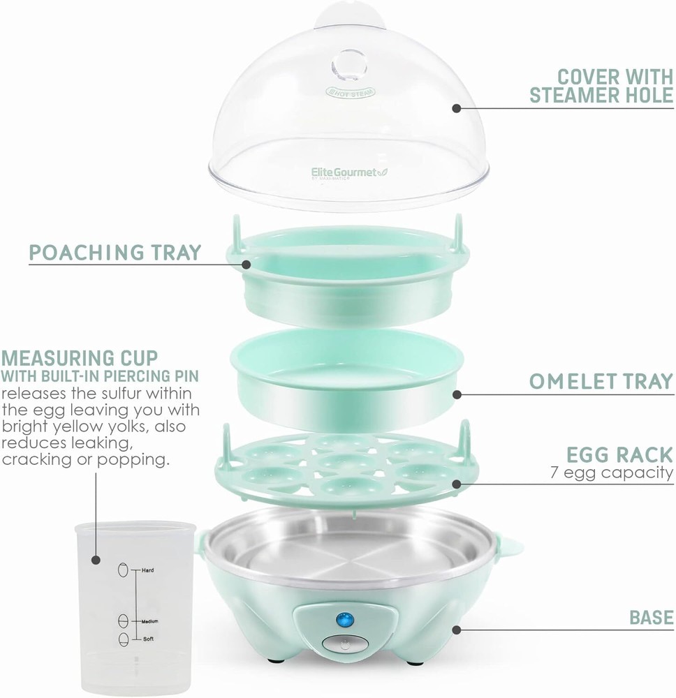 Electric 7-egg capacity egg cooker with automatic shut-off and buzzer