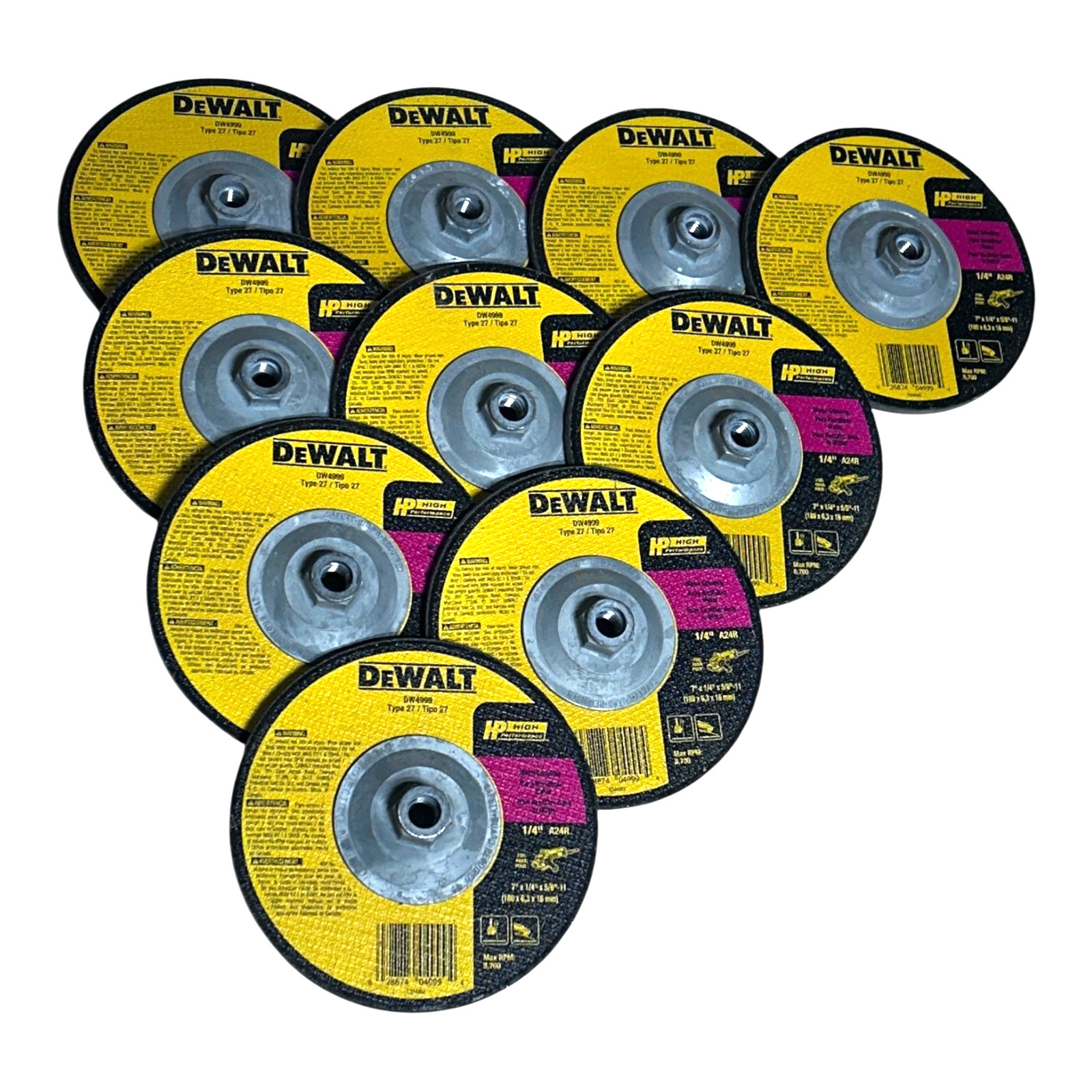 (10) DEWALT DW4999 Depressed Center Grinding Wheel Type 27, 7" x 1/4" x 5/8"-11