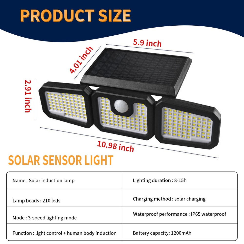 2Pcs Solar Security Lights 210LED Motion Sensor Flood Light IP65 Remote Control
