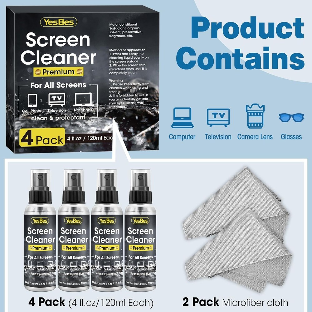 4 Pack 4oz Screen Cleaner Spray + 2 Microfiber Cloths – TV & Computer Use