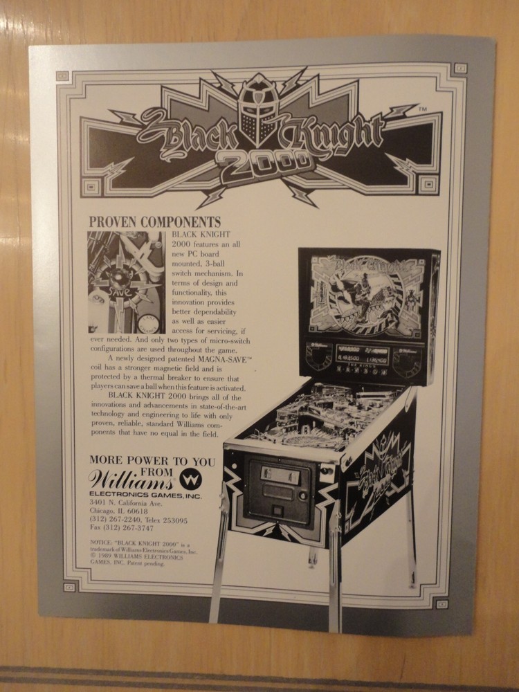 Black Knight 2000 Pinball Machine Flyer Original Williams Mint Condition