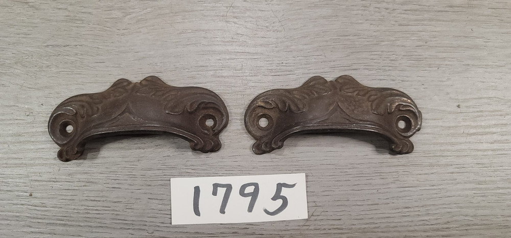 Antique Apothacary Bin Cabinet Drawer Handle Pull Cast Iron Cup Pair Dated 1868