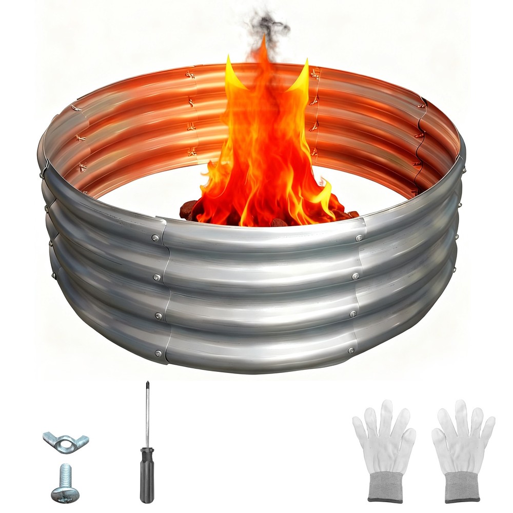 Silver Round Galvanized Steel 3ft Fire Ring Pit for Backyard, Camping