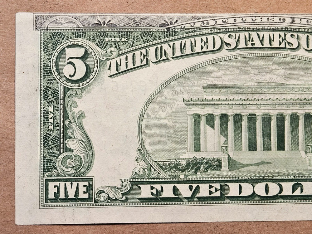 1953 $5 Silver Certificate Note Partial Offset Ink Transfer Error on Reverse