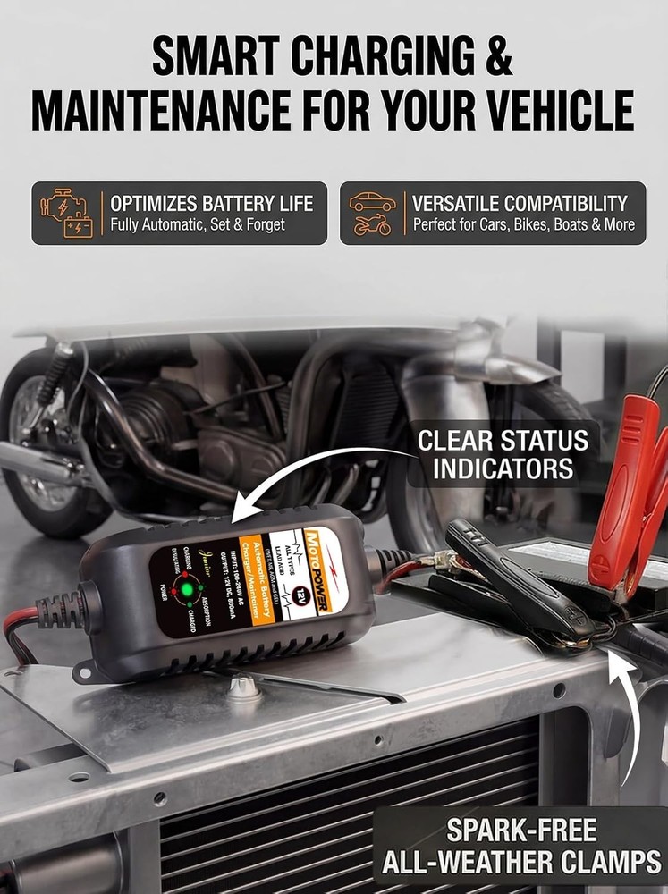 12V 800mA Automatic Battery Charger & Maintainer - Safe & Easy Operation