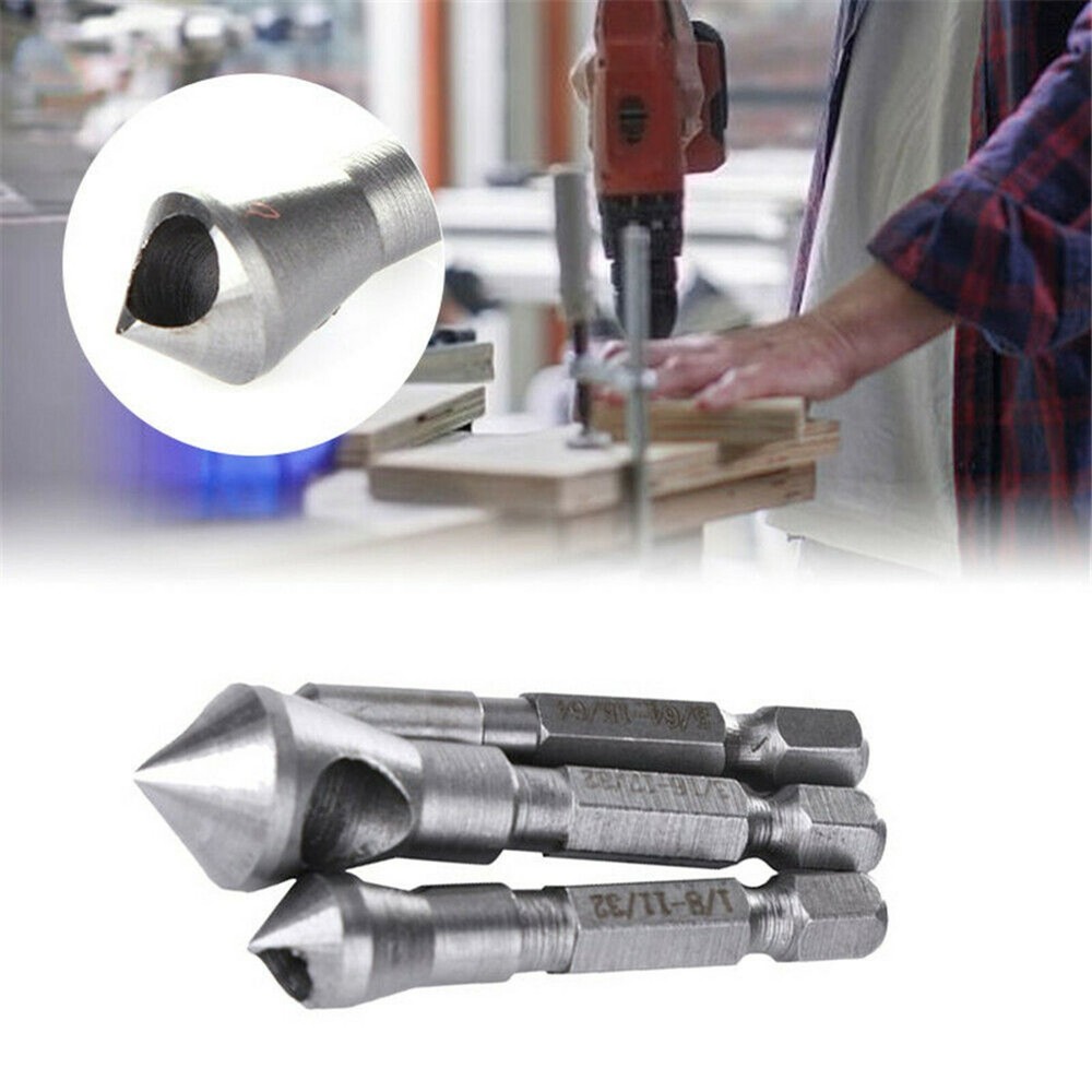 3Pcs Chamfer Countersink Deburring Drill Bits Set Kit Cutting Metal Wood Tool