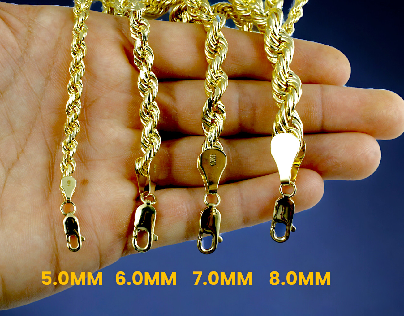 10K Yellow Gold Rope Necklace Bracelet Chain Diamond Cut 2mm-10mm 7"-30"