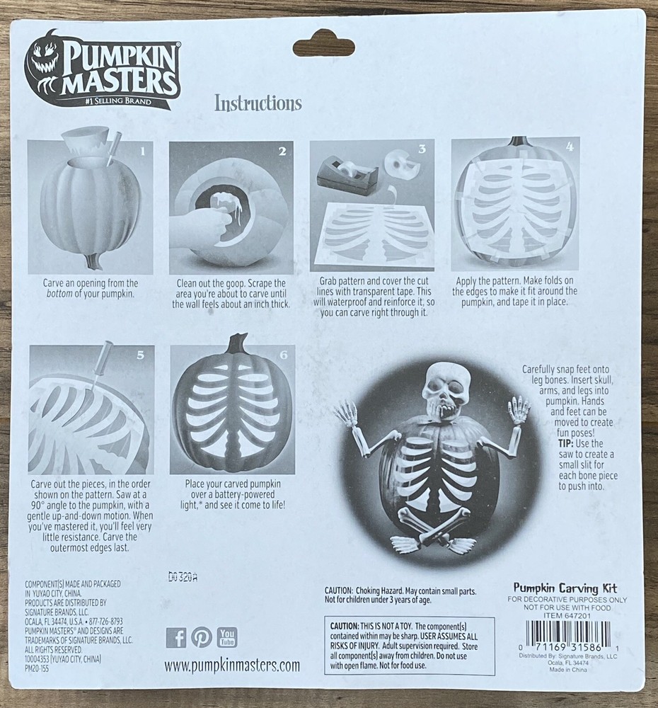 Skeleton Pumpkin Masters Funny Bones Rib Cage Pattern 9 Pc Halloween Carving Kit