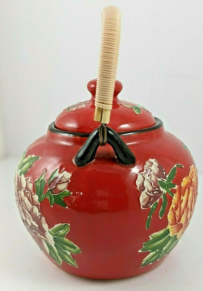 Pier One Ceramic Hand Painted Peony Tea Pot Stoneware