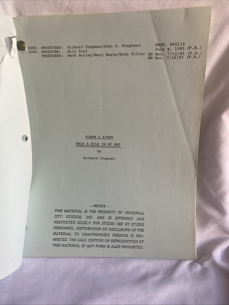 Simon & Simon Walk A Mike In My Hat Television Script 1985 Richard Chapman