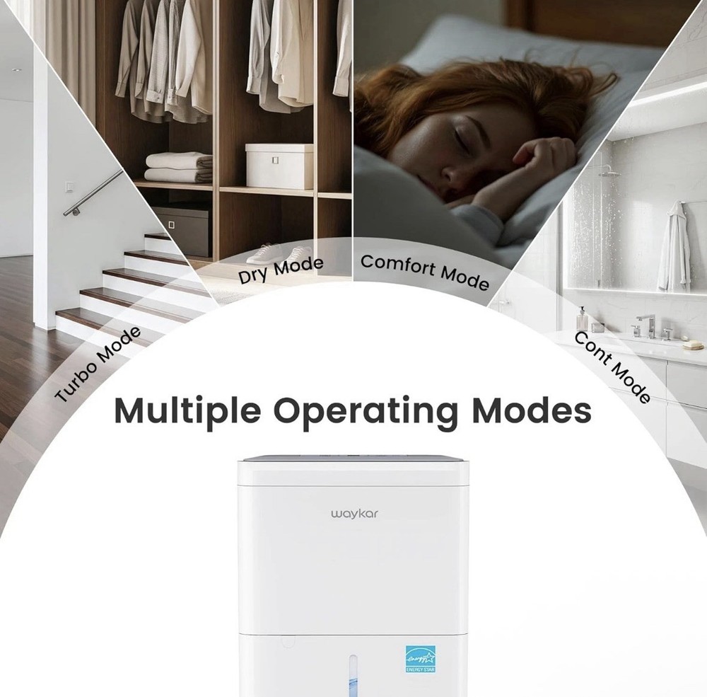 Waykar Console Dehumidifier Ultra-Quiet, Energy Star, Multiple Modes, White