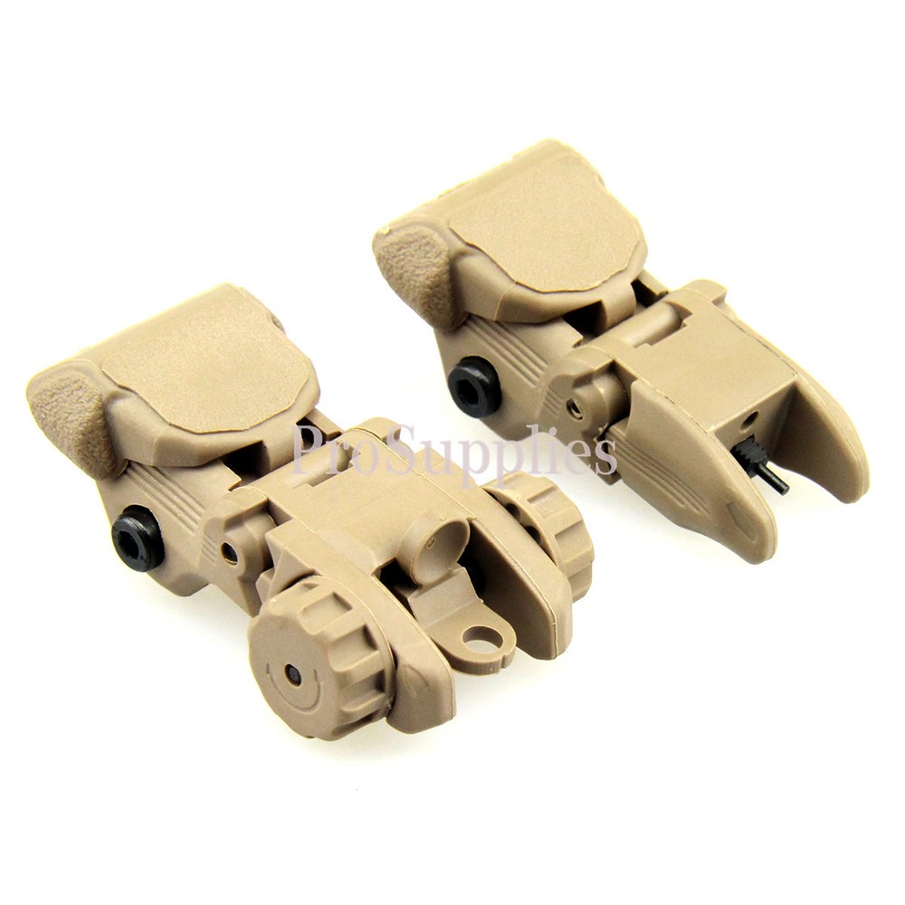 TAN Polymer Flip Up Folding Auto Deploy Front & Rear BUIS Back Up Sight Set