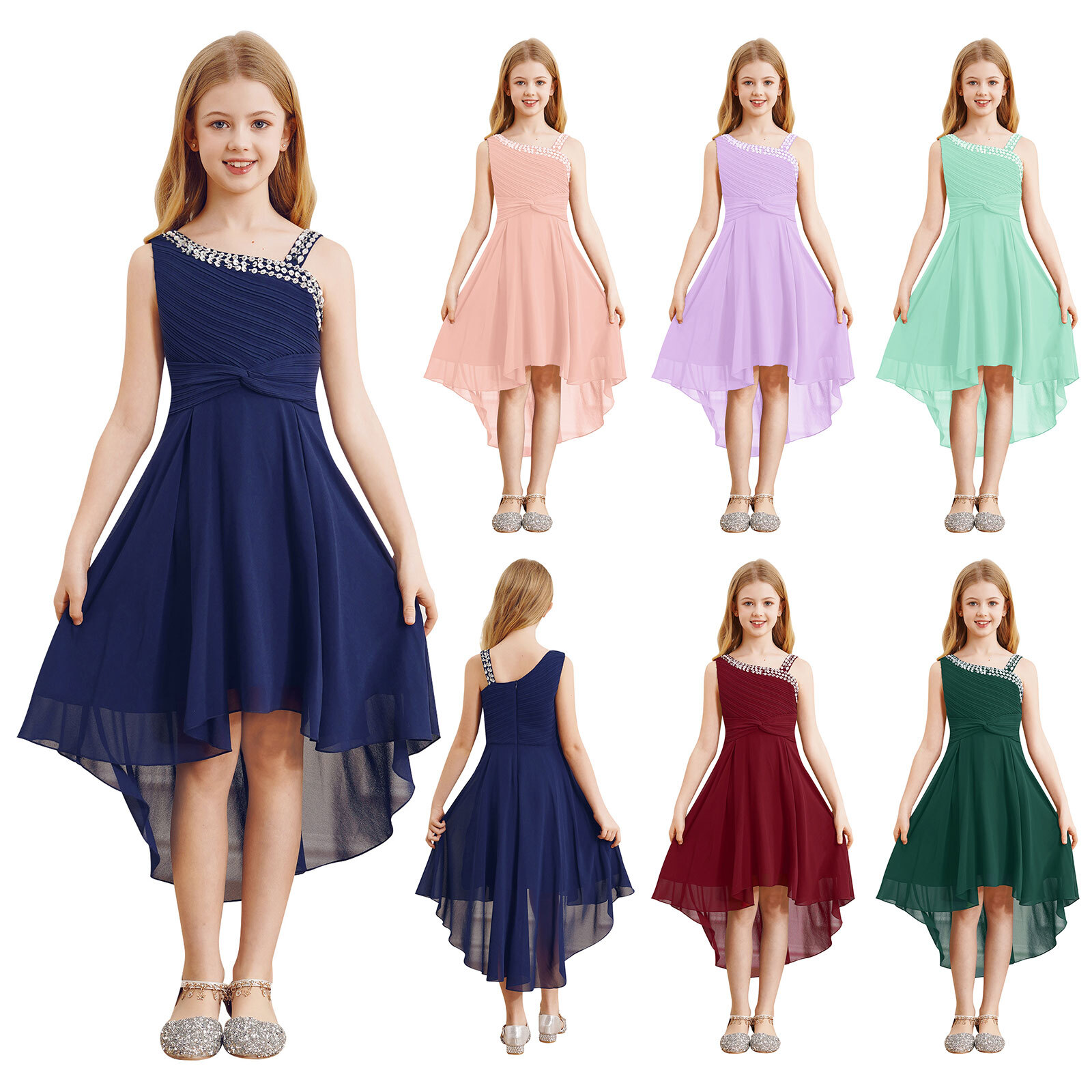 US Girls Sparkly Straps Summer Dress Sleeveless High Low Junior Bridesmaid Dress