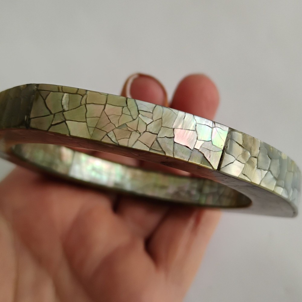 Vintage Modernist Crackle Abalone Shell Triangular Bangle Bracelet