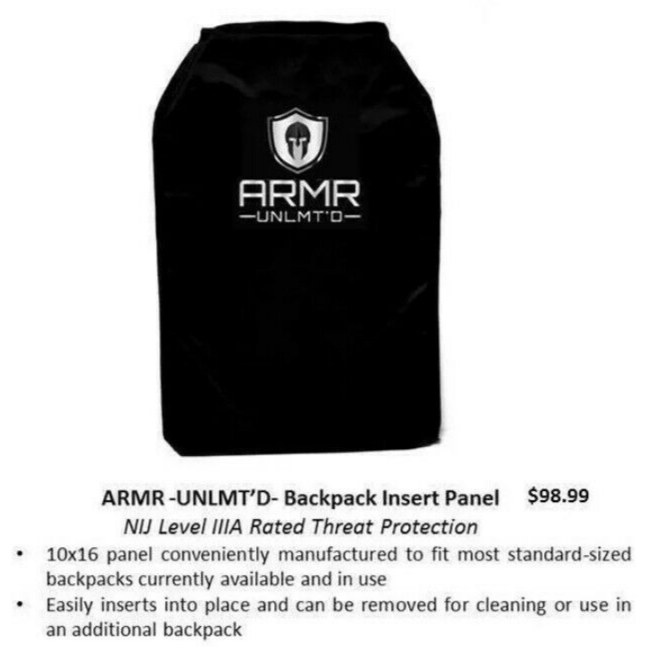 Bulletproof backpack Panel Shield Lightweight Body Armor Level IIIA 10 x 16
