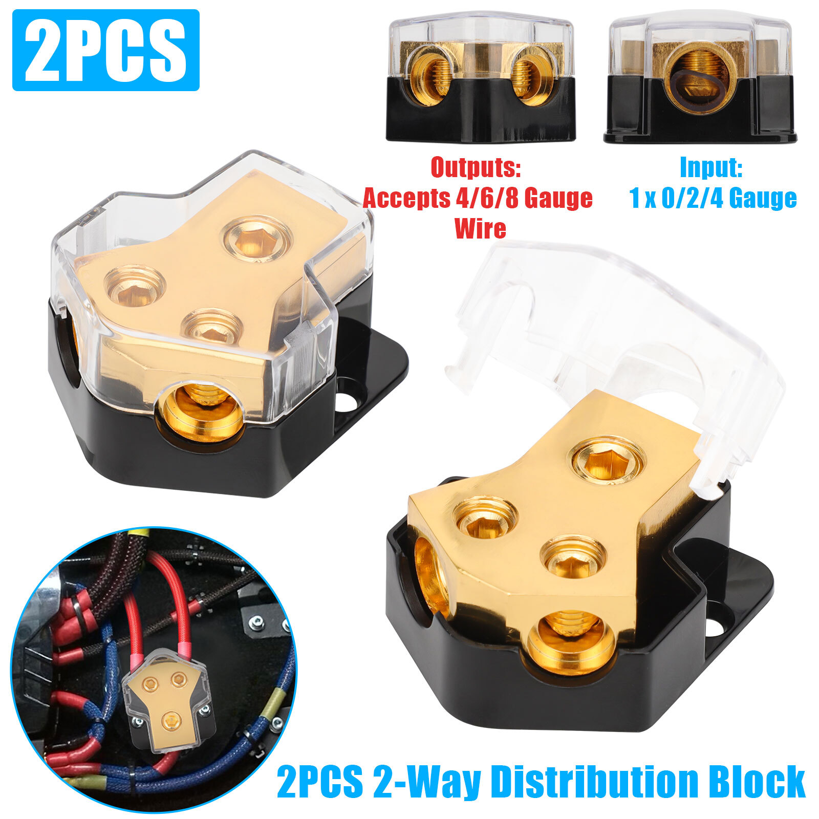 Car Audio Splitter Amp Power 0/2/4 Gauge In 4/6/8 Gauge Out Distribution Block