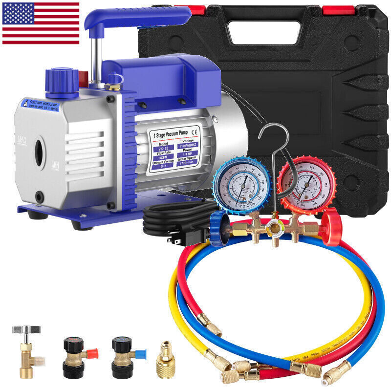 3 CFM Air Vacuum Pump HVAC Manifold Gauge Set AC A/C Refrigeration Kit SHIP NOW