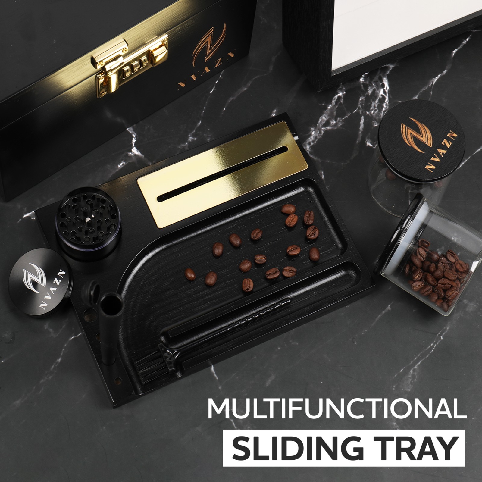 Stash Box Large - Smell Proof Bamboo Box with Rolling Tray - Storage Wood Box