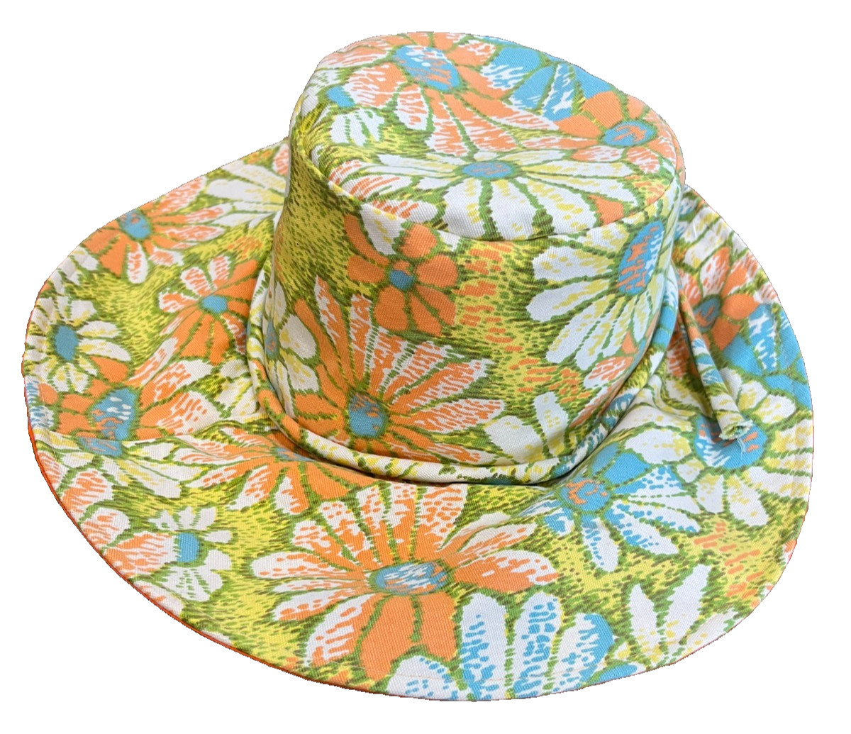 Groovy Vintage Fits All Japan Womens Floral Hat Cotton Bucket Floppy Orange Blue