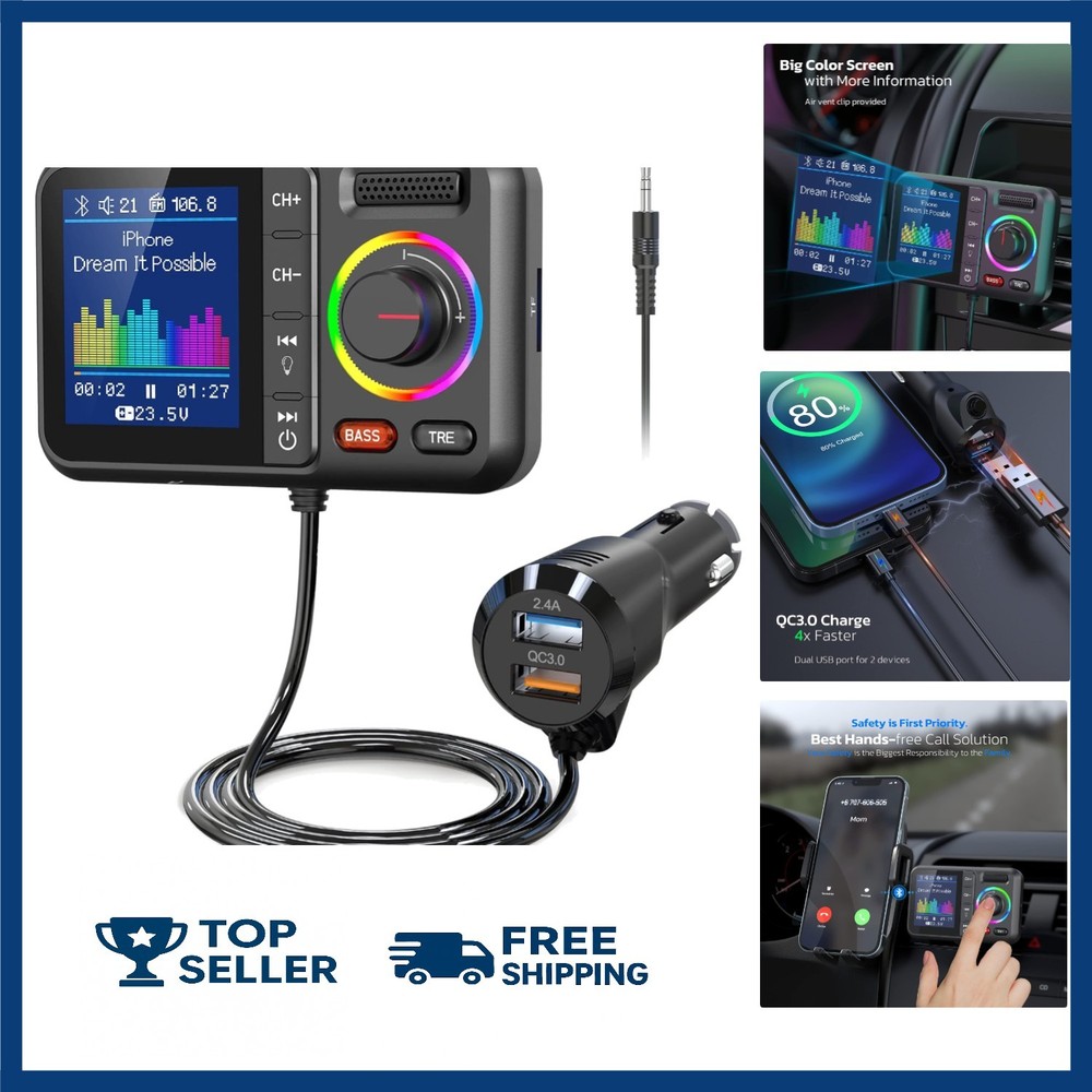 Bluetooth FM Transmitter for Car, Wireless Car Bluetooth V5.0 Adapter with Bi...