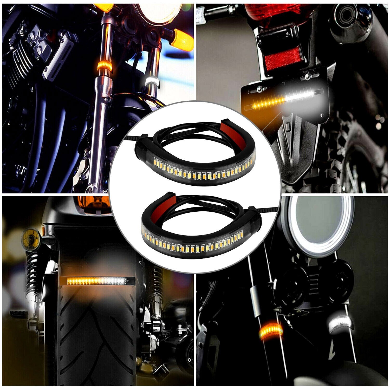 2 LED Motorcycle Turn Signals Light Blinker FORK Strip Flowing Amber Universal