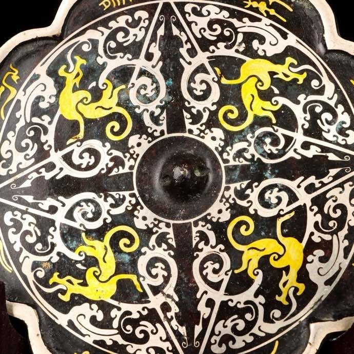 Old Chinese Dynasty Bronze Ware Gilt Sliver Dragon Beast Mirror Bronze mirror